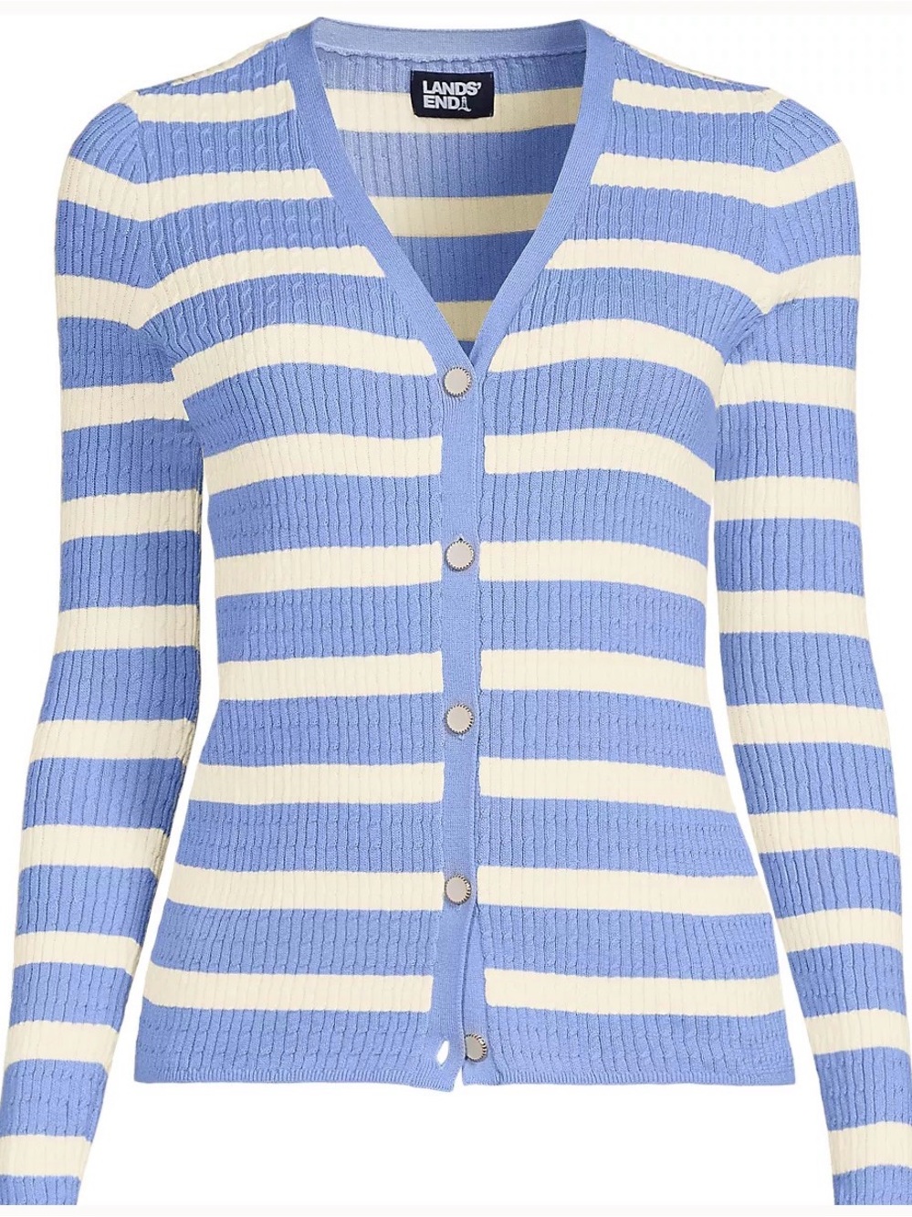 Lands' End Women's Periwinkle and Cream Striped Ribbed Cardigan